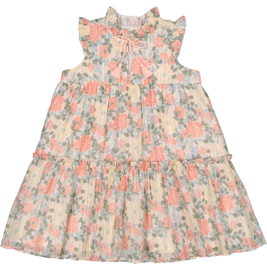 LOUIS LOUISE Girls' Vintage Floral Lurex Stripe Dress - Goa Inspired Boho Chic Party Wear