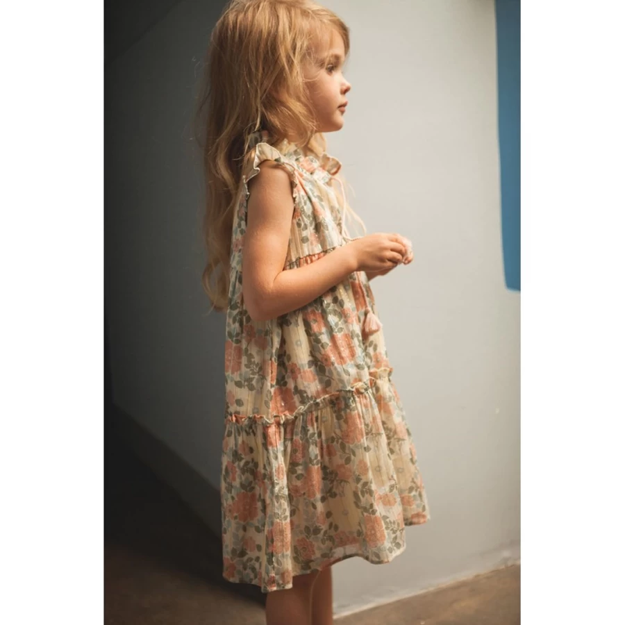 LOUIS LOUISE Girls' Vintage Floral Lurex Stripe Dress - Goa Inspired Boho Chic Party Wear