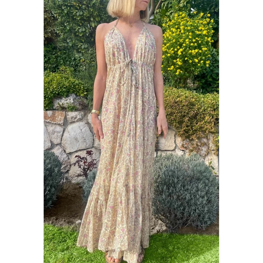 LOUIS LOUISE Women's Felicite Striped Lurex Dress with Indian Floral Embroidery